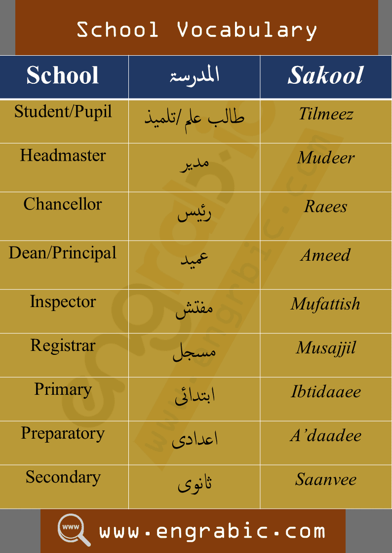School Vocabulary in Arabic-English.Daily used vocabulary of both English-Arabic. Commonly spoken vocabulary words of Arabic.