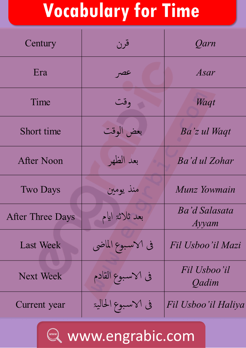 Arabic and English vocabulary for time. Vocabulary of Time in Arabic and English. Learn Arabic vocabulary topics to be a good learner. Arabic vocabulary topics for Arabic learning. Improve your Arabic through Arabic vocabulary.