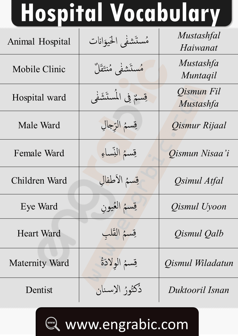 Arabic hospital vocabulary and medical terms in English. Arabic vocabulary for hospital. Health and medicine vocabulary list in Arabic and English. Arabic words related to the hospital and medicine. Study the vocabulary of  Hospital in Arabic and English. Learn the crucial Arabic words and phrases which can help you in Emergency. Common Arabic words used in hospital. Arabic words for healthcare professionals. Learn pharmacy in Arabic. medicine in Arabic and translate medical terms from Arabic to English.