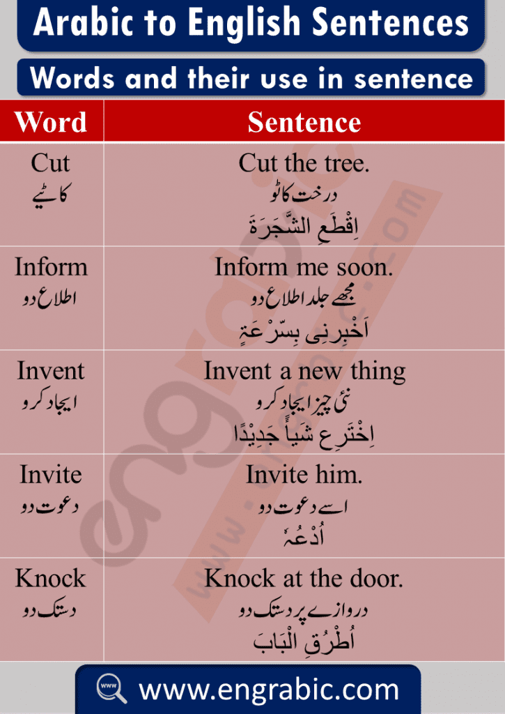 Basic Arabic Words Used in Sentences, Learn Basic English Vocabulary through Arabic. Important Arabic words Used into sentences. Basic Arabic Vocabulary meaning in English in sentences
