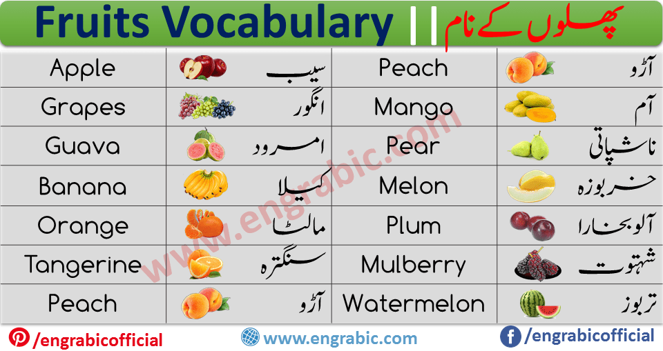 List of Fruits in Arabic, English and Urdu Vocabulary. Learn Fruits Names in Arabic language for the beginners to build strong base of Arabic. One of the mostly used Arabic Vocabularies is Fruit Vocabulary. Learn the names of fruits in Arabic with Pronunciation. A comprehensive list of Fruits for Summer and Winter.Today's lesson is about the names of fruits in Arabic.