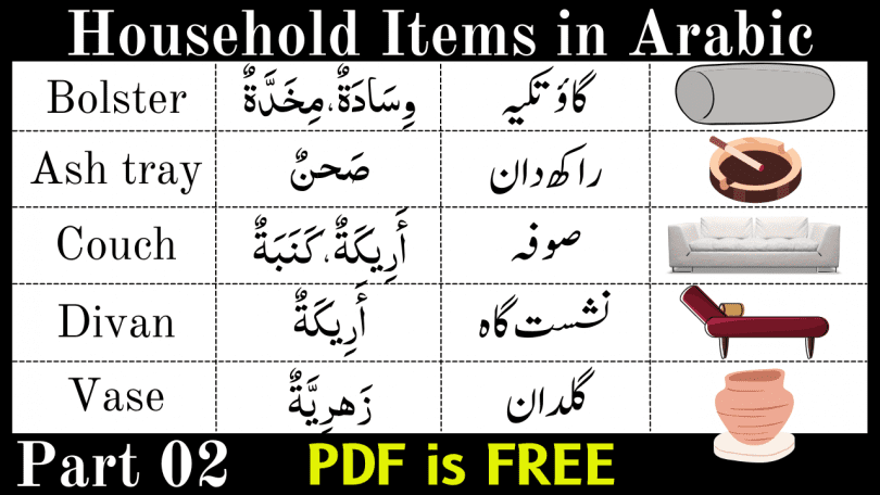 Arabic Vocabulary for Household Items in Arabic. Memorizing Vocabularies help you to quickly understand Arabic. The best way to learn Arabic is to memorize the vocabularies of the objects you use in your daily life. Arabic Vocabulary around the house and learn Arabic Vocabulary related to the Home.
