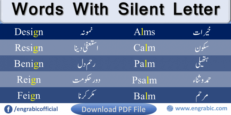 Silent Letters list with Urdu meanings. Learn the list of Silent Words with meanings in Urdu. English language has a lot of Silent Letters which create difficulty for both Native and Non-Speaker, but don't worry, here you will learn the all the Silent Letters with pronunciation. Here is the List of All the Silent Letters of English.  Full list of Silent Letters from A to Z is given here.