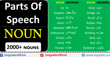 The name of a person, a place or a thing is called the Noun.  OR   A Noun is a naming thing. For Example Ali , Lahore , Beauty , Fan , Book , Honesty. All these are the examples of nouns. So here we are with a list of 2000+ nouns with Urdu meanings. Alphabetical list of 2000+ Nouns with meanings in Urdu.