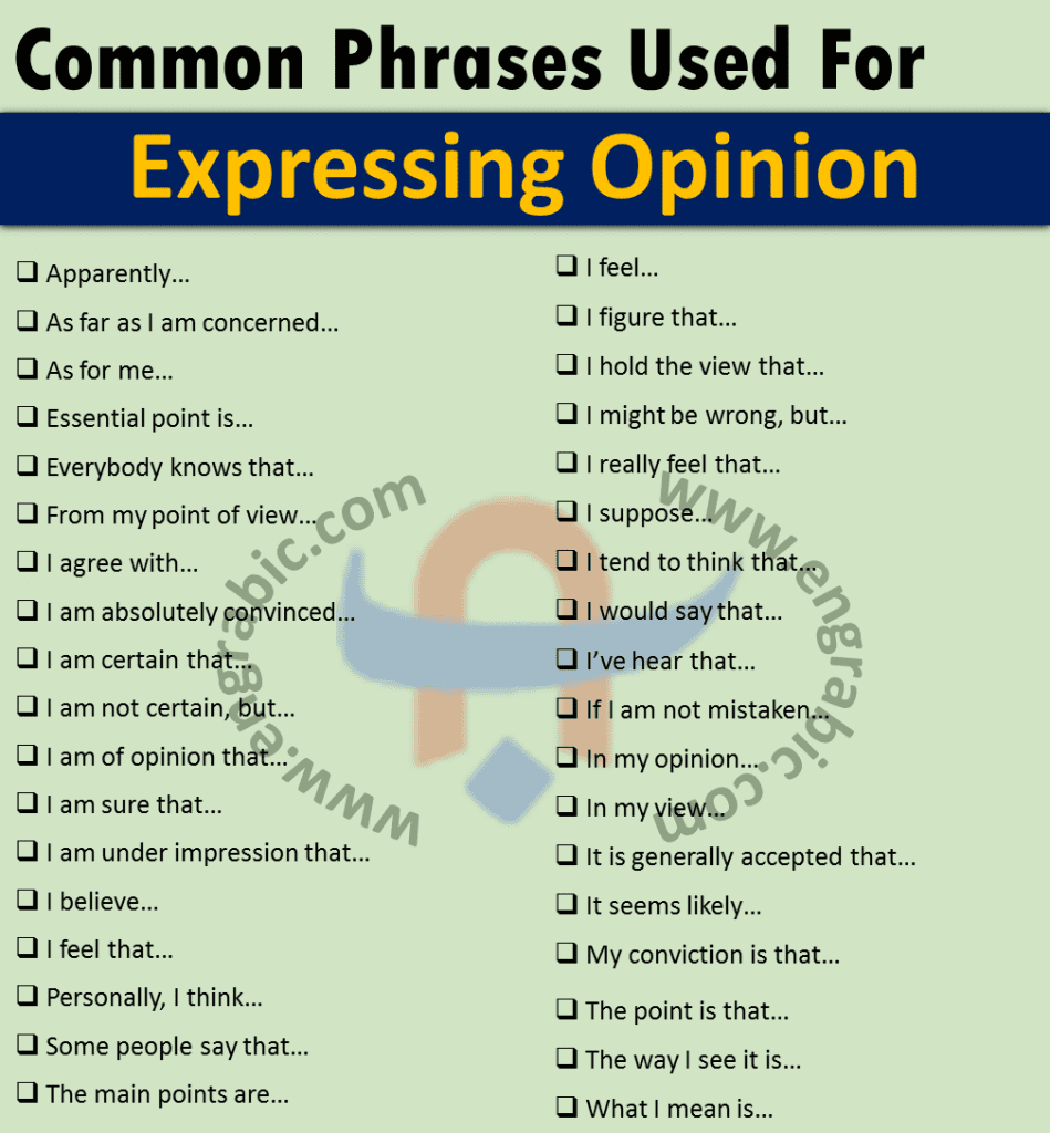 There are some phrases given below that you can use to express your opinion. Theses phrases are more appropriate for expressing opinion in English. Giving opinion on different topics is an important part of speaking English. This post includes Expressing Opinion types in different situations. 