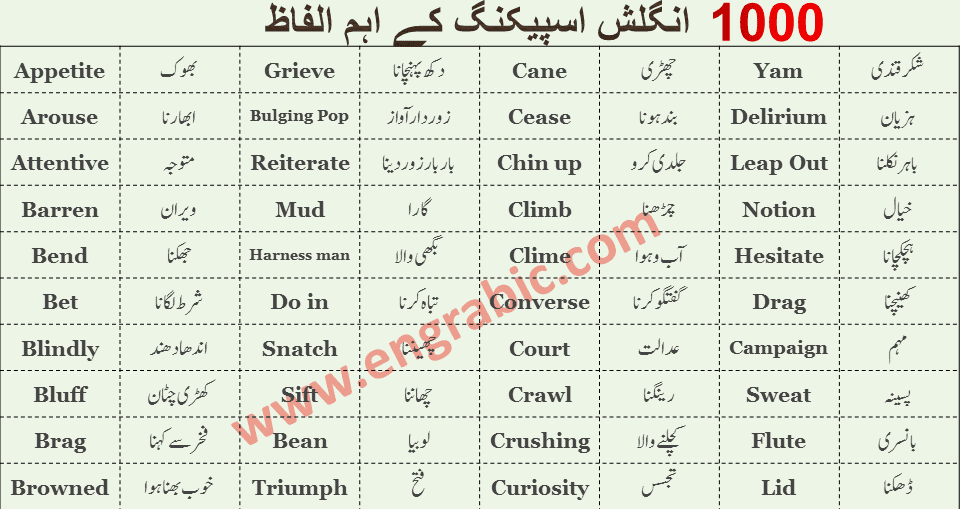 Learn 1000 Basic English Urdu Words here. Find Urdu Words in our Urdu to English Dictionary. English to Urdu Dictionary, English to Urdu Words in our online FREE dictionary. Find Definitions,synonyms,forms of verbs and sentences. This is the list of 1000 Core English Words and Urdu Words With their meaning in Urdu and English. It contains the most important and most frequently used English and Urdu words which we use in our daily life. This will help Pakistani and Indian users to find the meanings of difficult and important phrases and sentences. Urdu Vocabulary Words List PDF | 1000 Core English Words contains commonly used English words with Urdu meanings and three forms of verbs. This lesson will help you to improve your English vocabulary skills. Download PDF at bottom
