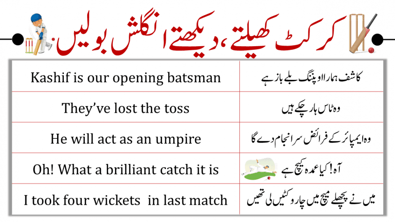 Here in this lesson, you will learn some sentences in English and Urdu that you can use in your daily life about cricket. You can use these while playing cricket and also when discussing about a match. Daily life sentences about cricket.