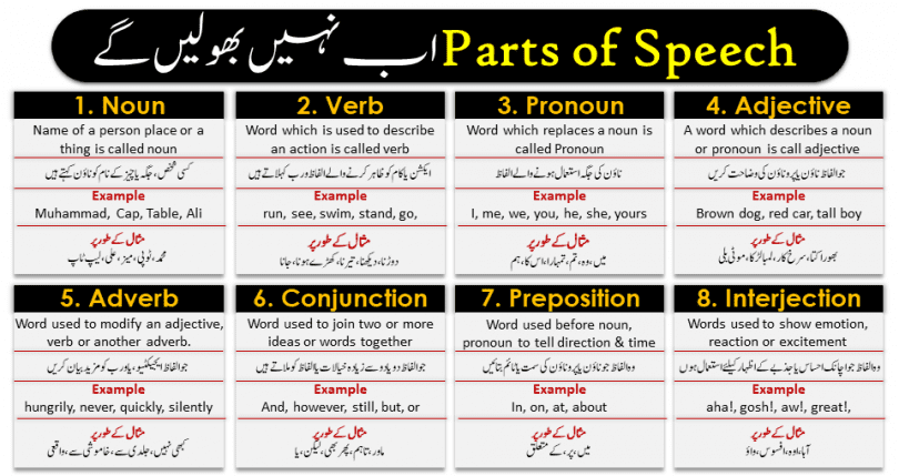 There are eight parts of speech in the English language: noun, pronoun, verb, adjective, adverb, preposition, conjunction, and interjection. The part of speech indicates how the word functions in meaning as well as grammatically within the sentence. An individual word can function as more than one part of speech when used in different circumstances. Understanding parts of speech is essential for determining the correct definition of a word when using the dictionary.