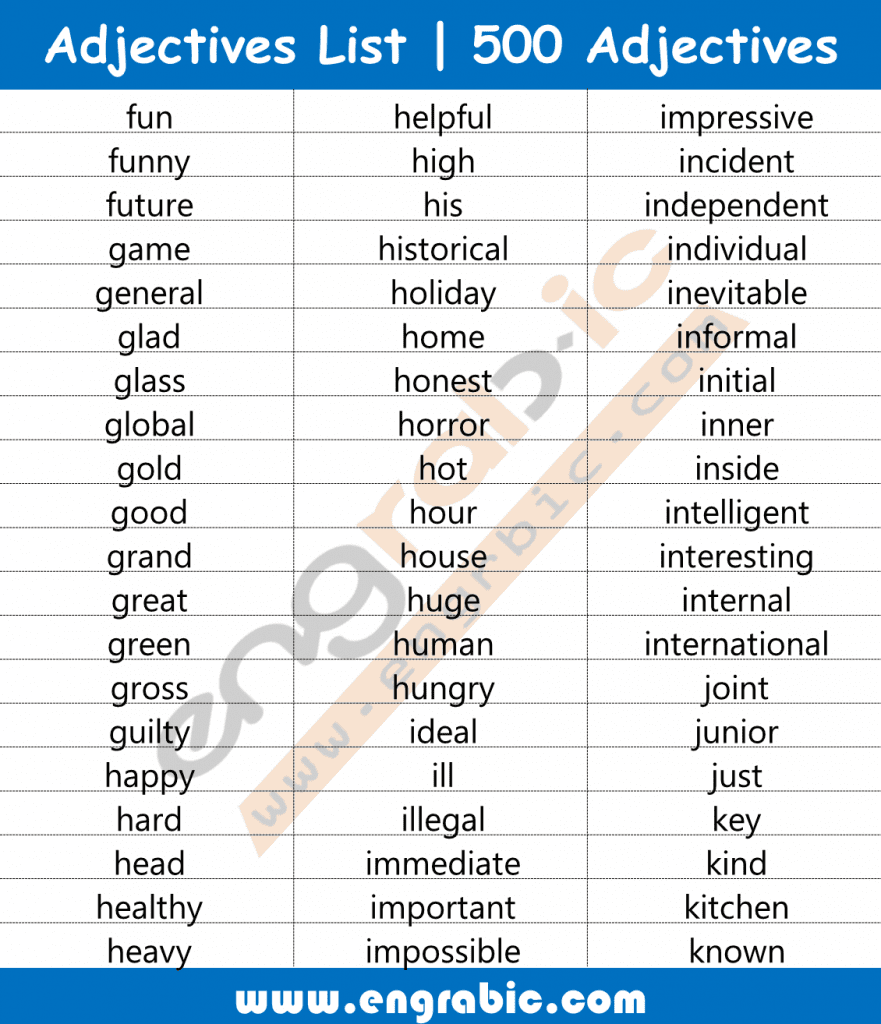 Adjective Definition | Alphabetical List of 500 Adjectives - Engrabic