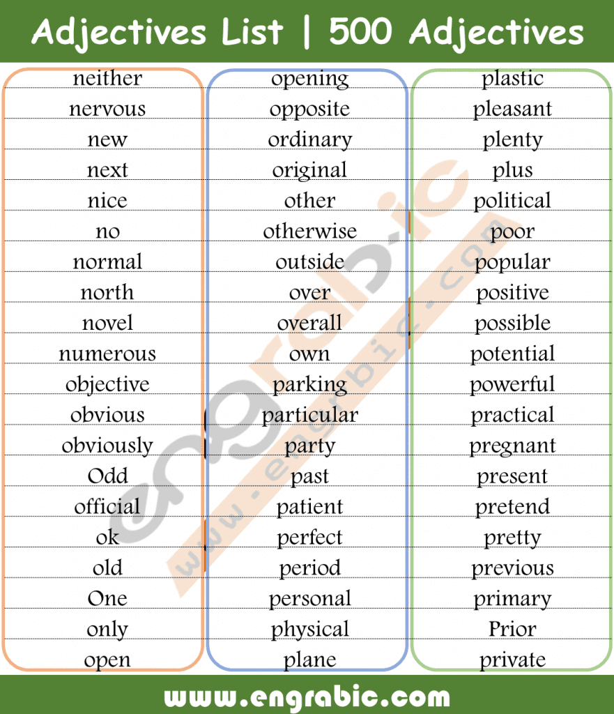  An adjective is a word that modifies a noun or noun phrase or describes its referent. Its semantic role is to change information given by the noun. Adjectives are one of the main parts of speech of the English language, although historically they were classed together with nouns. Here is alphabetical list of 500 Adjectives.