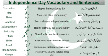 Independence day vocabulary and sentences in English and Urdu. Independence Day wishes with vocabulary words.