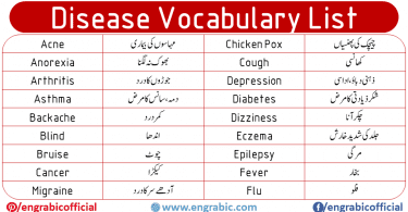 List of diseases in humans in English with Urdu Translations. Name of Diseases in Humans in English,  Learn basic English Vocabulary of Name of Diseases in Humans through  images. Name of Diseases in Humans with images in English. List of Diseases and their Meaning in Urdu/Hindi. English vocabulary in Urdu with PDF. Daily use vocabulary with Urdu meanings. Diseases names in Urdu/Hindi Translation.