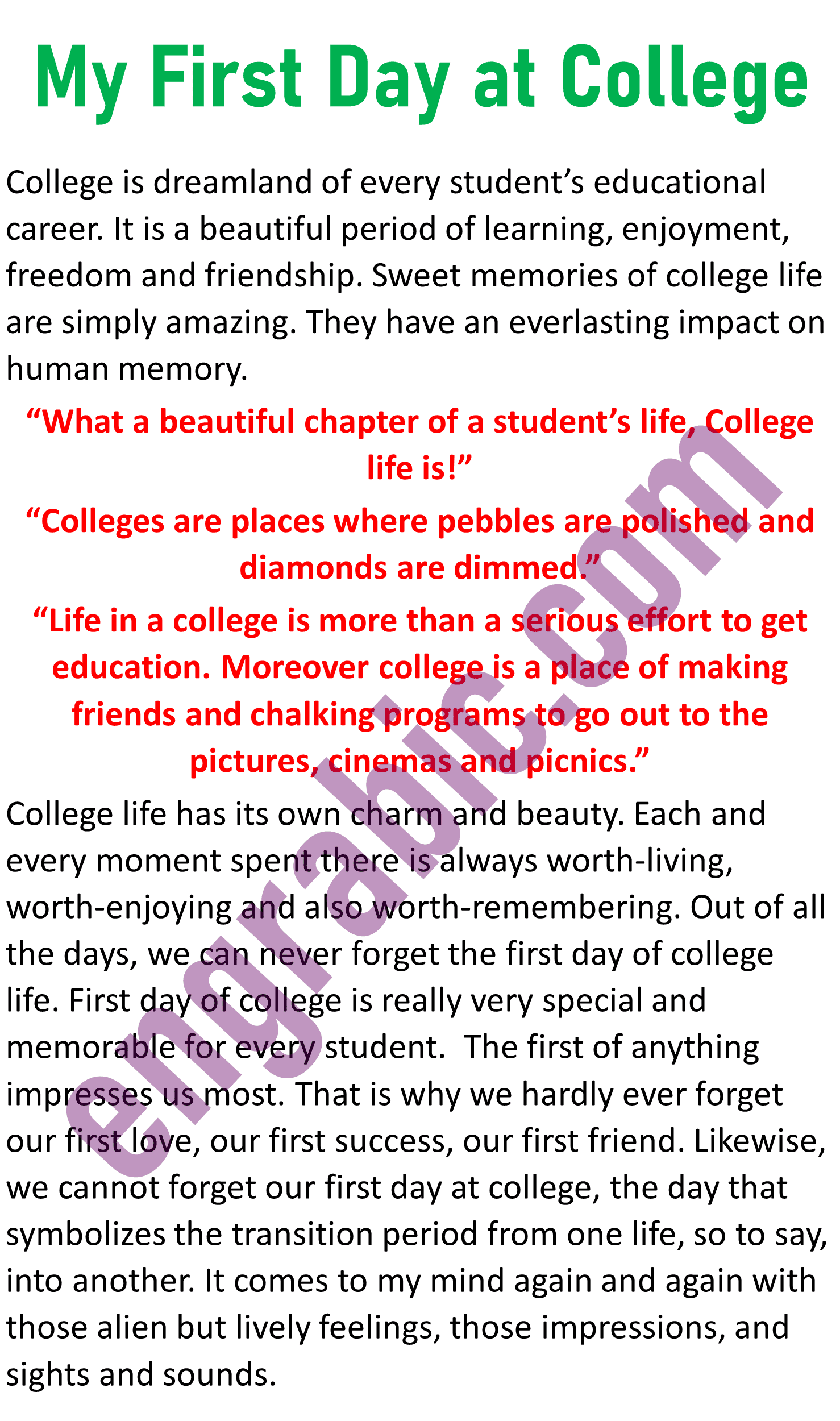 essay about my first day at college