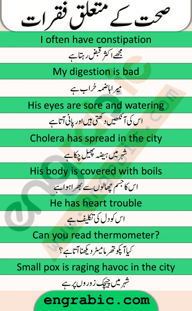 Sentences about health in English and Urdu. These sentences will help you talk in English whenever you have health topic. These sentences are useful for practicing English in your daily conversation about health. Spoken English Practice sentences. Learn these sentences and start talking in English from now.