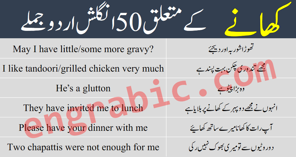 Daily routine English to Urdu sentences about meals. Sentences about Meals in English and Urdu. These sentences can be used about meals