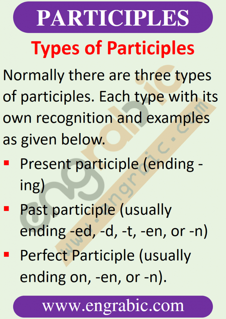 Participle is supposed to have the functions of both Verb and Adjective. it is Non-Finite Verb form that has some of the characteristics of both Verbs and Adjectives. Participles are structures that are actually made from verbs, but characterize them by showing any situation, object or person. A participle is a verb form that can be used