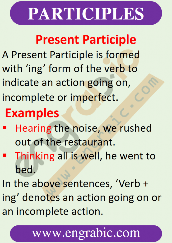 Participle is supposed to have the functions of both Verb and Adjective. it is Non-Finite Verb form that has some of the characteristics of both Verbs and Adjectives. Participles are structures that are actually made from verbs, but characterize them by showing any situation, object or person. A participle is a verb form that can be used