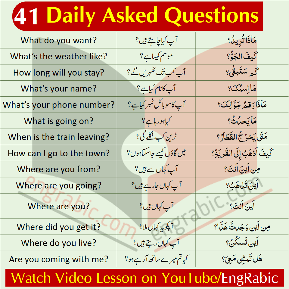 41 Daily asked question in Arabic with their translation in English and Urdu. You can ask any of the question in your life accordingly.