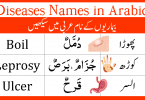 List of diseases in humans in Arabic with English and Urdu Translation. Name of Diseases in Humans in Arabic. Learn basic Arabic Vocabulary and practice at home.