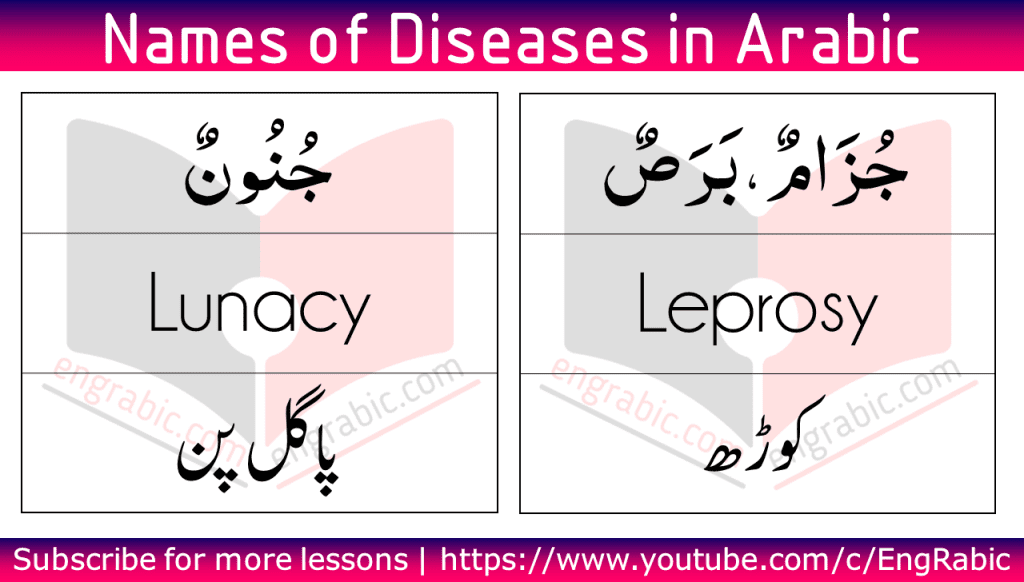 List of diseases in humans in Arabic with English and Urdu Translation. Name of Diseases in Humans in Arabic. Learn basic Arabic Vocabulary and practice at home. Arabic vocabulary list for diseases in English with Urdu translation. Learn all the diseases names and build your Arabic vocabulary.