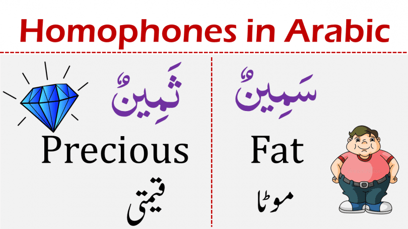 Homophones are the words which have the same pronunciation but different spellings. But in Arabic, there are no proper homophones because words are not written and pronounced exactly in the same way. e.g.  قَلبٌ  means heart and کَلبٌ means dog. In this example, both the words are almost same in pronunciation and differ in spelling by a letter ھ  and  ح۔ Given below is a list of 40+ Homophones in Arabic English and Urdu