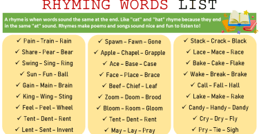 Rhyming words a are the words that contain the same pattern at the end of their vowels and especially their sound that follows them. Rhyming words are used in commonly used in poetic and literary technique to create flow and rhythm in spoken as well as in written language.