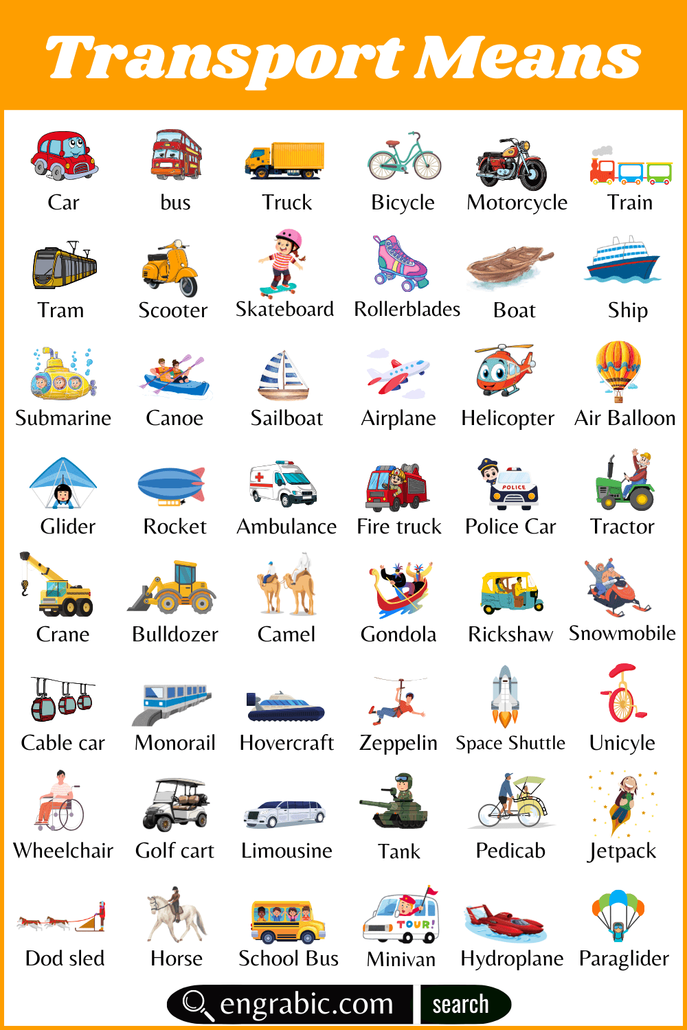 Transport means with pictures to help kids learn vocabulary